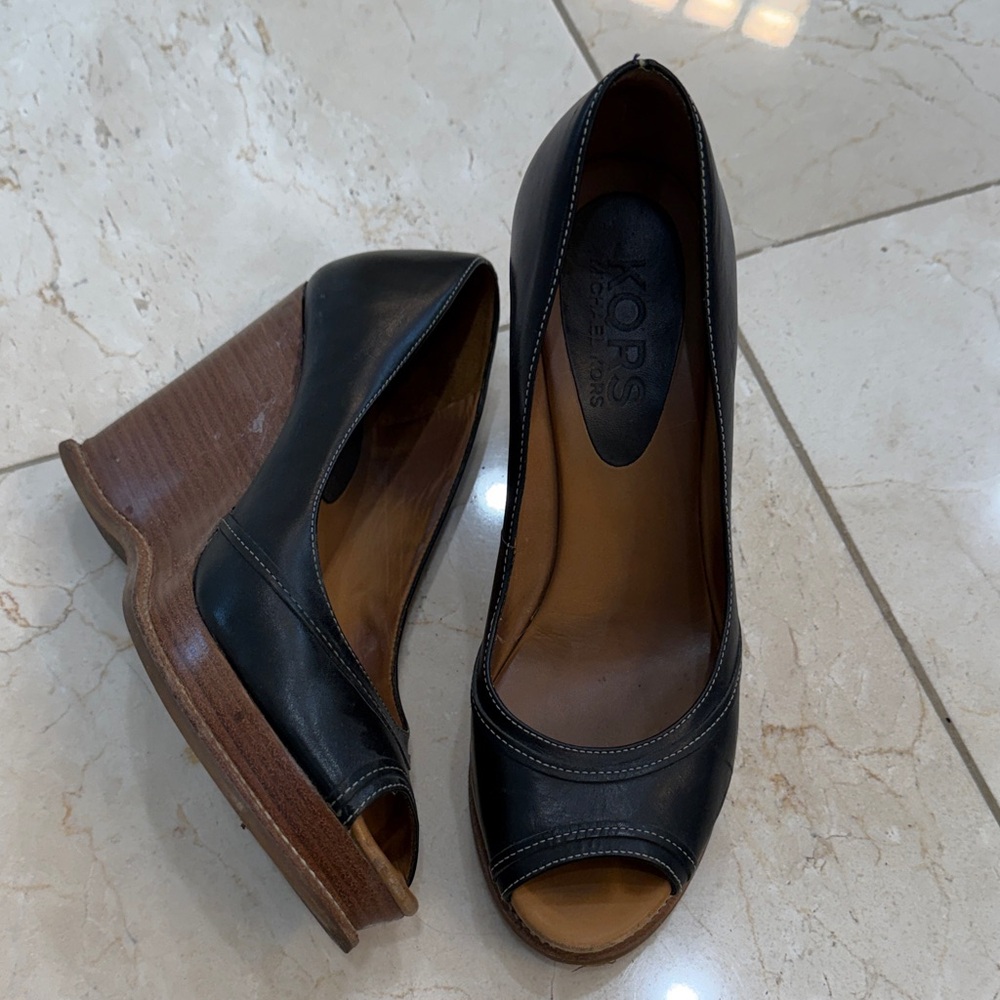 Michael Kors Black and Brown Peep Toe Wedges